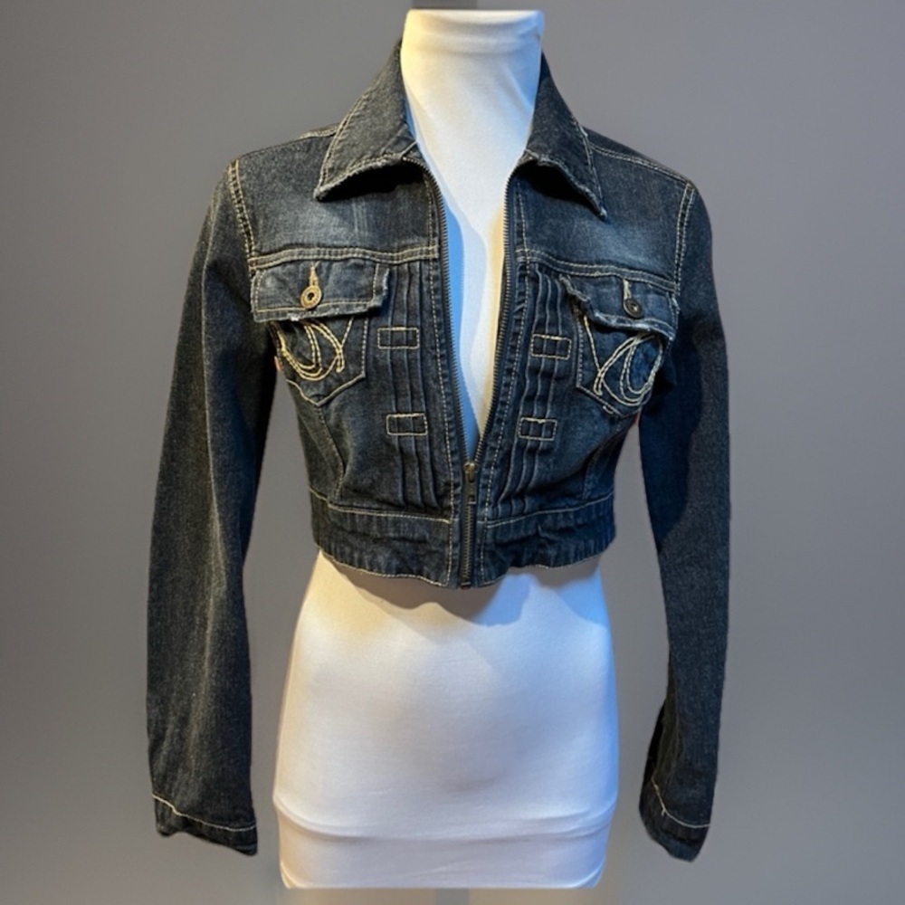 Dark Wash Blue Denim Cropped STUDDED Jean Jacket